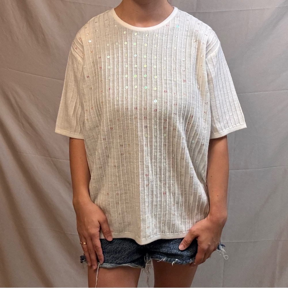Haband White Sequin Short Sleeve Top